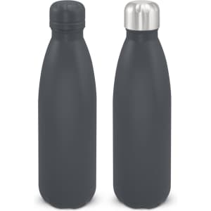A drink bottle with a matte grey finish, featuring a stainless steel lid and a sleek, modern design.