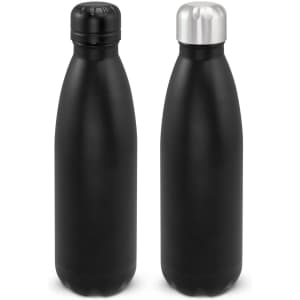 A drink bottle in matte black with a stainless steel lid. The design features a sleek, powder-coated finish and a logo.