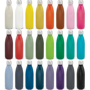A drink bottle collection featuring various colours like white, yellow, pink, green, and blue, with metallic caps.