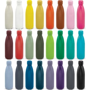 A drink bottle collection featuring various colours including white, yellow, orange, brown, pink, and more. Each bottle has a logo.