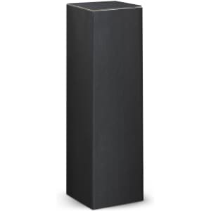 A black cardboard packaging box with a tall, rectangular shape and clean lines, featuring a subtle design.
