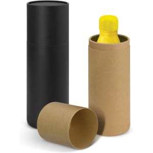 A drink bottle with a yellow lid, presented inside a brown and a black cylindrical box. The product has a logo.