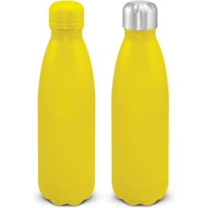 A drink bottle with a bright yellow powder-coated exterior and a shiny silver lid, featuring a logo.