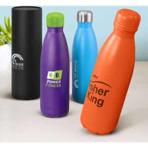 A drink bottle collection featuring colours orange, blue, purple, and black, with varied designs and a logo on one.