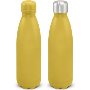 A drink bottle set featuring two yellow vacuum bottles with a matte finish and metal caps. Each has a logo.