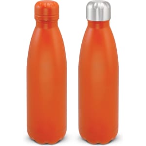 A drink bottle in vibrant orange with a matte finish and a silver stainless steel lid, featuring a logo.