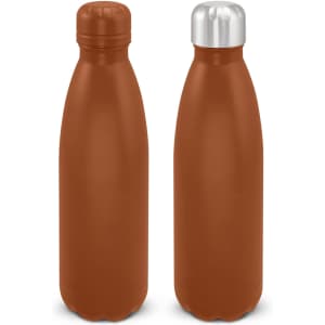 A drink bottle in a rich brown colour with a stainless steel cap, featuring a smooth, matte finish and a logo.