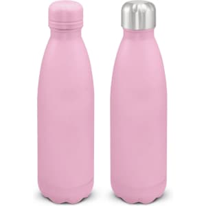 A drink bottle with a smooth pink powder-coated finish and a silver metal cap. It features a logo.