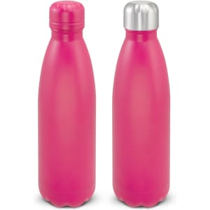 A drink bottle in vibrant pink with a stainless steel cap, featuring a sleek, powder-coated finish and a logo.