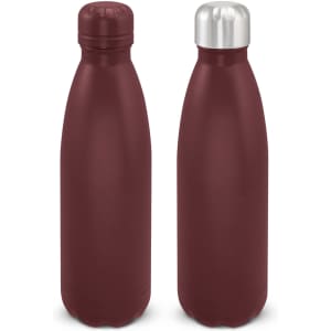 A drink bottle in burgundy with a matte finish and a silver metallic cap. It features a logo.