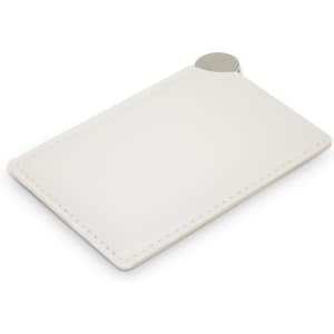 A white vanity card mirror with a smooth surface and rounded corner, featuring a metal accent.