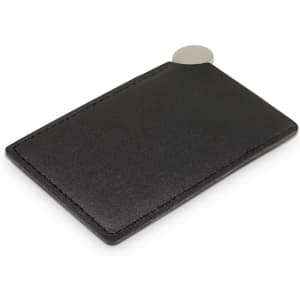 A black vanity card mirror with a silver accent. It features a sleek, rectangular design.
