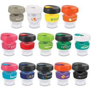A drink bottle collection featuring various colours and styles with black lids and branding. Each bottle is 230ml.