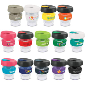 A drink bottle set featuring various coloured cups with black lids and band, in a range of styles and designs.