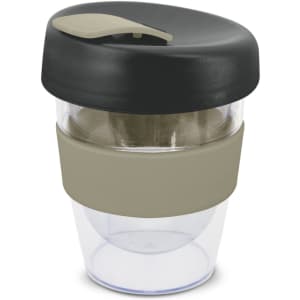 A drink bottle featuring a clear body, black lid, and a tan band, with a minimalist design. It has a logo.