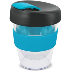 A drink bottle featuring a clear body, black lid, and a turquoise silicone band. It has a logo on the design.