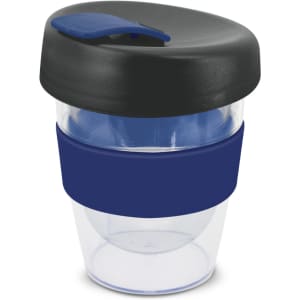 A drink bottle featuring a clear body, navy band, and black lid, with a branding logo on the side.