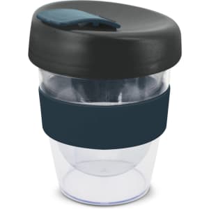 A drink bottle featuring a clear body with a dark lid and a dark silicone band. It has a logo on it.