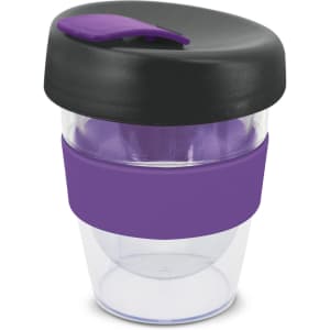 A drink bottle with a transparent body, black lid, and purple band, featuring a logo on the side.