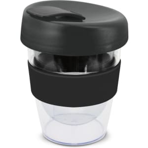 A drink bottle with a black lid and band, featuring a transparent body, designed for 230ml capacity.