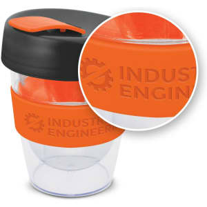 A drink bottle featuring a transparent body, orange band, and a black lid, with a logo on the band.