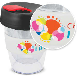 A drink bottle featuring a clear body, black lid, and colourful band with a circular design; includes branding.