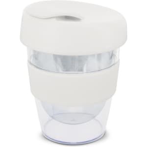 A drink bottle features a clear body with a white lid and band, designed for hot beverages with a capacity of 230ml.