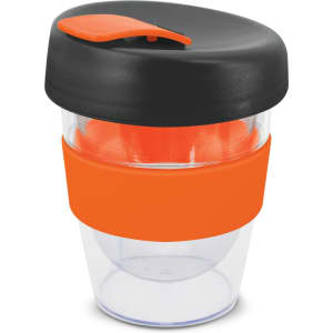 A drink bottle with a transparent body, black lid, and bright orange silicone band. It holds 230ml.
