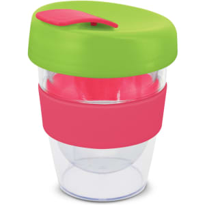 A drink bottle with a transparent body, pink silicone band, and a green lid. It features a logo on the side.