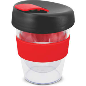 A drink bottle featuring a transparent cup with a red silicone band and a black lid. It has a logo on the side.