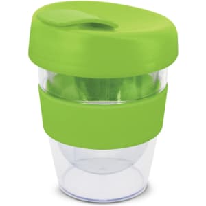A drink bottle with a clear bottom and a bright green lid and band, featuring a logo. Ideal for beverages.