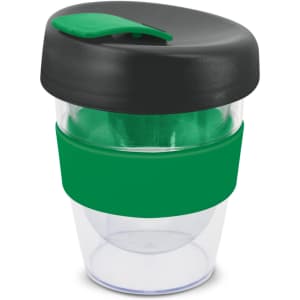 A drink bottle featuring a clear body, green silicone band, and a black lid. It has a branding logo on it.