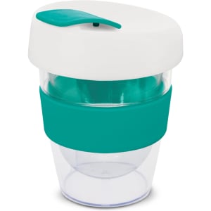 A drink bottle featuring a clear body and a white lid with a teal band. It has a circular shape and a lid opening.