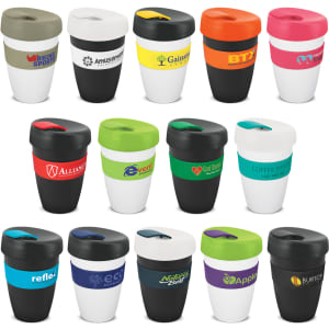 A collection of double wall cups in various colours, featuring different designs and logos on the bands.