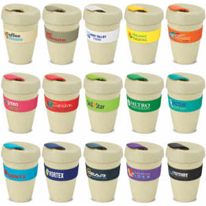 A range of double wall natural express cups in various colours, each featuring a unique design and branding element.