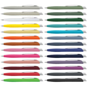 A collection of Javalin pens in various colours, featuring a sleek design and a silver clip, with branding present.