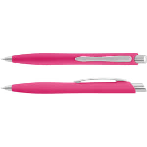 A pink plastic pen with silver accents and a clip for easy attachment. It has a smooth, sleek design.