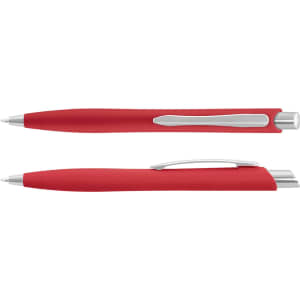 A red plastic pen with a silver clip and end. The pen features a smooth, rounded design.