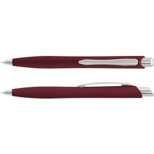 A burgundy plastic pen with silver accents and a shiny clip, featuring two different angles of the same design.