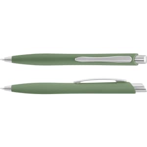 A green plastic pen with a silver trim and a clip, featuring a smooth, sleek design.