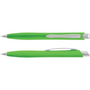 A green plastic pen with a silver clip and accents, featuring a smooth grip and retractable tip.