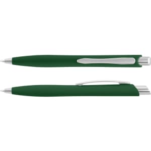 A green plastic pen with silver accents and a clip, featuring a smooth design and a logo.