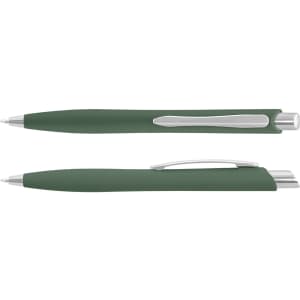 A green plastic pen with silver accents and a clip, featuring a sleek design and a logo.