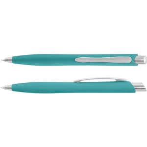 A turquoise plastic pen with a silver clip and a sleek design, positioned in two angles.