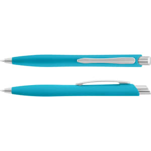 A turquoise Javalin pen with a sleek design featuring a silver clip and accents.