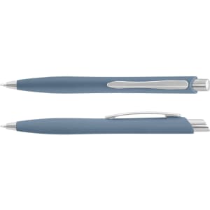 A set of blue plastic pens with a silver clip and tip, featuring a smooth finish and a logo.