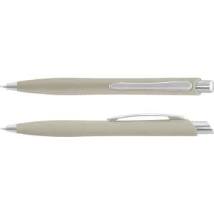 A plastic pen in a muted green colour with a silver clip and tip, featuring a simple design and a logo.