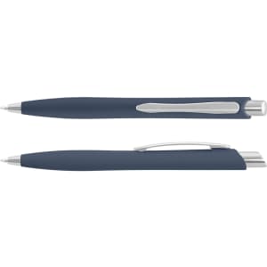 A blue plastic pen with a sleek design and chrome accents, featuring a clip and a logo.