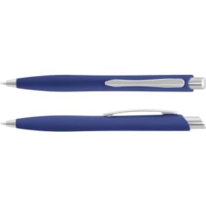 A blue plastic pen with a silver clip and tip, featuring a sleek design and a branded logo.