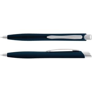 A navy plastic pen with a silver clip and tip, featuring a smooth grip. It has a simple design and a logo.
